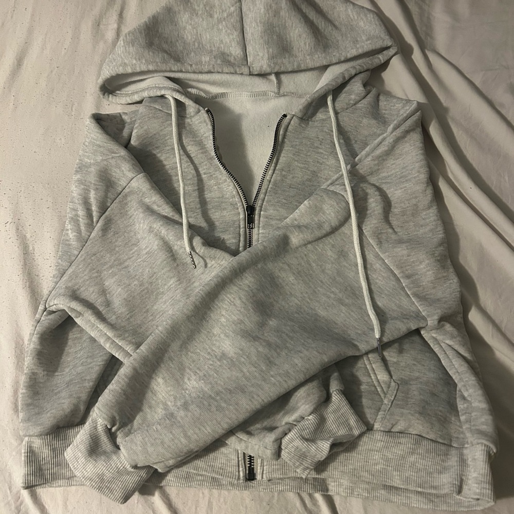 SHEIN Gray Zip Up Sweater with Hood and Drawstrings